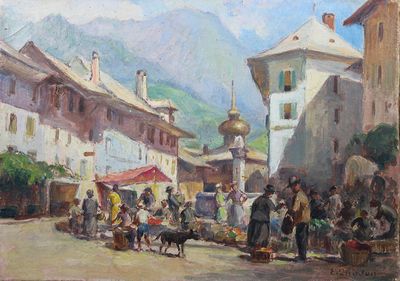 a painting of a street scene with people and animals