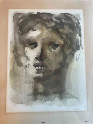 an image of a painting of a woman ' s face in a white frame