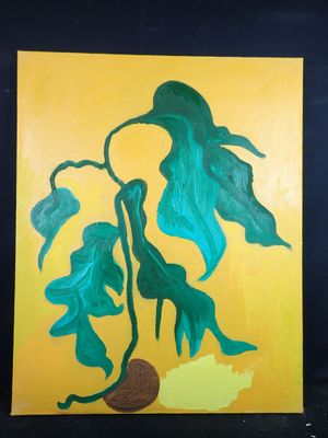 peinture jaune et verte représentant une plante avec des feuilles sur un fond jaune