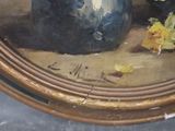 a painting of a blue vase with yellow flowers in it
