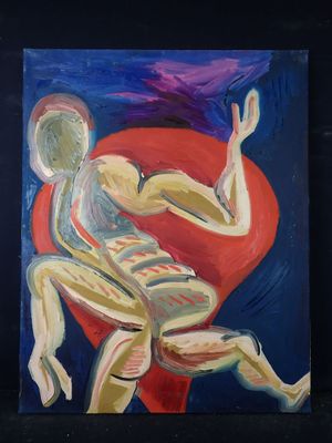 un tableau représentant un homme assis sur une chaise rouge