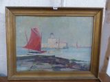 une peinture représentant un voilier rouge sur l'eau