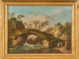 l'image d'une peinture représentant une rivière avec un pont en arrière-plan