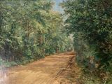 une peinture représentant un chemin de terre bordé d'arbres de chaque côté