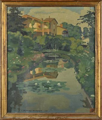 une image représentant un tableau d'une maison située sur une colline près d'un étang