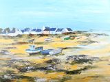 une peinture de bateaux sur la plage au bord de l'eau
