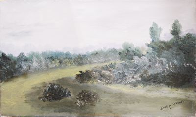 a painting of a field with trees in the background