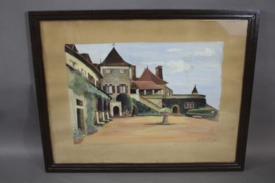 an oil painting of a courtyard with a fountain and a building