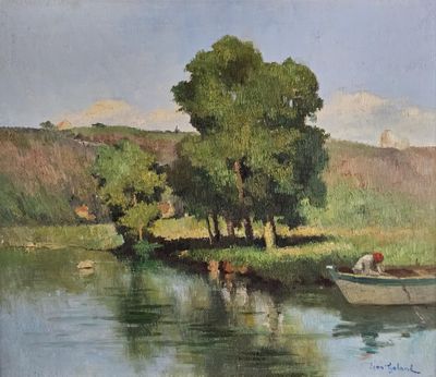 a painting of a man in a boat on the water