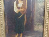 painting of a woman holding a dog in a gold frame