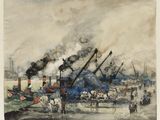 an image of a painting of a steam engine in a harbor