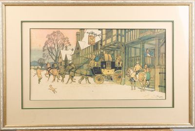 tableau représentant une calèche tirée par des chevaux, avec des personnes à bord, devant un bâtiment