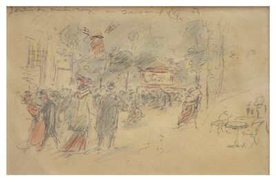 an image of a drawing of a group of people walking down a street