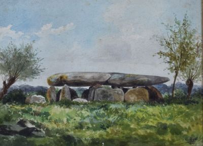 tableau représentant un menhir dans un champ, avec des arbres en arrière-plan