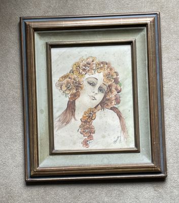 a picture of a painting of a woman with flowers in her hair