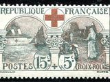 un timbre représentant une croix rouge sur fond noir