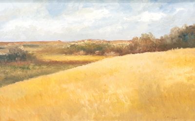 a painting of a field of yellow grass with trees in the background