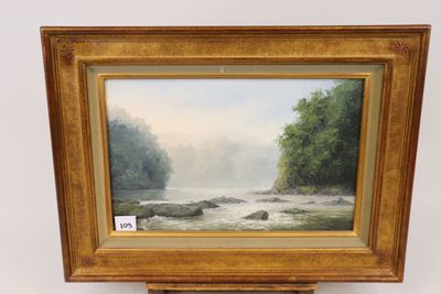 une peinture à l'huile représentant une scène fluviale avec des rochers au premier plan