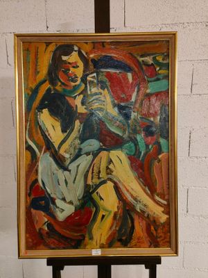 un tableau représentant une femme assise sur une chaise près d'un mur