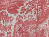 an image of a red and white wallpaper with a picture of a woman in a garden