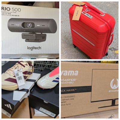 plusieurs photos différentes d'une valise rouge, d'une paire de chaussures et d'une paire de baskets