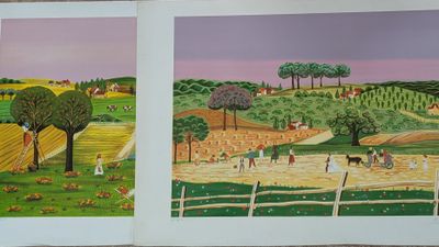 painting of a farm scene with people and animals in a field