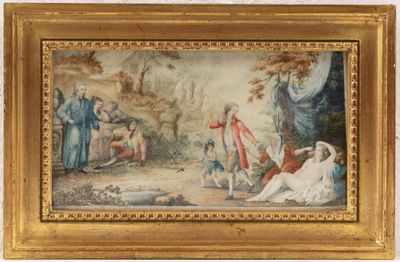 un vieux tableau représentant un homme et une femme dans un décor boisé