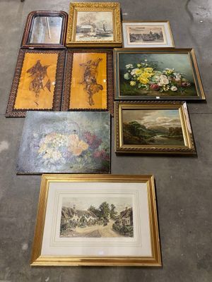 Lot de pièces encadrées comprenant huiles et gravures, dont …