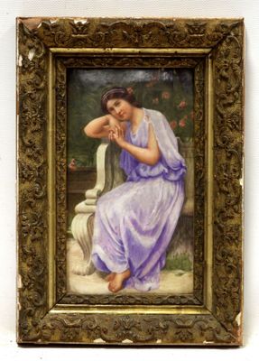 painting of a woman in a purple dress sitting on a bench
