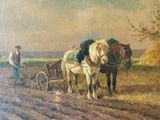 a painting of two horses pulling a plow down a dirt road
