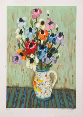 une peinture de fleurs dans un vase sur une table