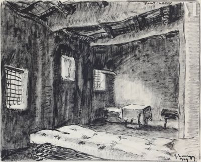 dessin représentant une pièce avec un lit et une table