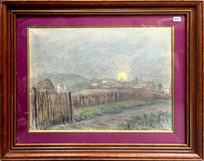 painting of a landscape with a fence and a house in the distance