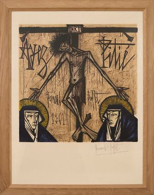 an image of a painting of jesus on the cross with two men