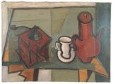 une photo d'un tableau représentant un vase et une tasse posés sur une table