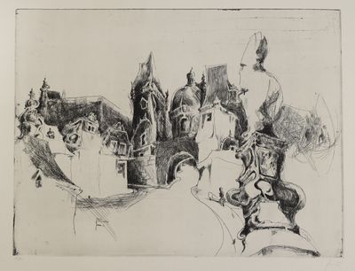 dessin représentant une image en noir et blanc d'un groupe de personnes dans une ville