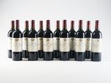 six bottles of red wine lined up in a row