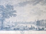 a picture of a painting of a river scene with boats