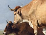 a painting of a cow and a calf in a field