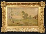 une image représentant un tableau illustrant une scène de vie à la ferme, dans un cadre doré sur fond noir