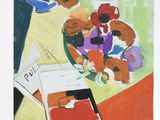 a picture of a painting of a vase of flowers on a table