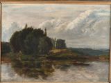 an oil painting of a river scene with a boat in the water