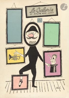 cartoon drawing of a man standing in front of a wall with pictures on it