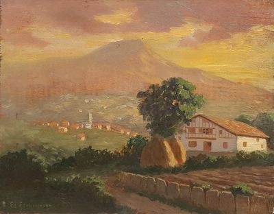 an oil painting of a farm scene with a mountain in the background