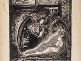 an image of a black and white drawing of a woman in bed