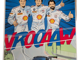a poster of a group of men standing next to a car