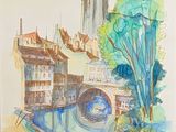 drawing of a painting of a city with a river and a bridge
