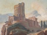 painting of a castle on a hill with a bridge in the foreground