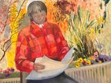 un tableau représentant une femme assise sur un banc en train de lire un journal