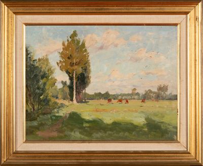 an oil painting of cows grazing in a field with trees in the background